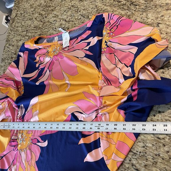 Trina Turk M Breeze Floral Swimsuit Jersey Cover Up Retro Caftan Tunic Dress - Picture 11 of 12